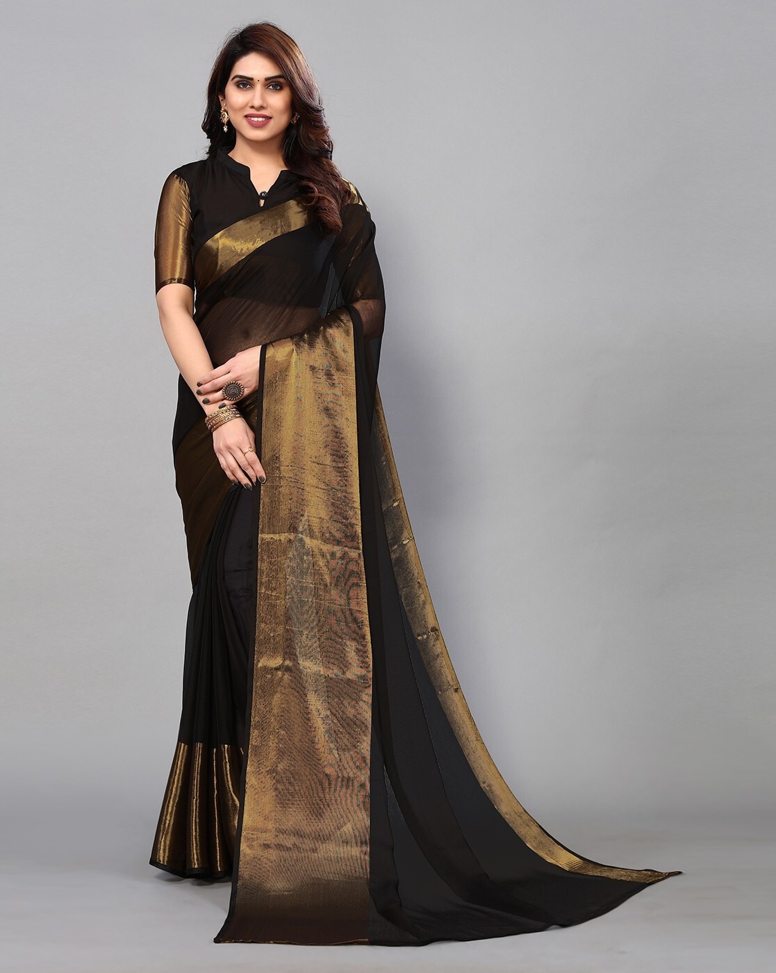 Buy Black Saree In Pure Handloom Silk With Woven Zari Checks And Gold Border  Along With Unstitched Blouse Online - Kalki Fashion