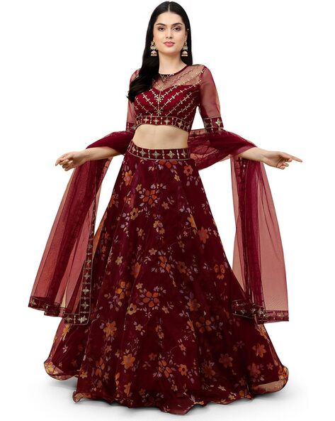 Gorgeous Maroon Fancy Embroidered Velvet Bridal Lehenga Choli Semi Stitched