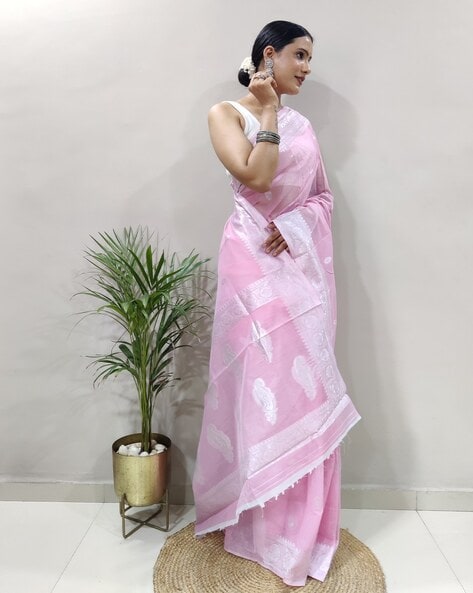 Carnation pink pure handloom cotton saree with zari border and pallu –  Boveee