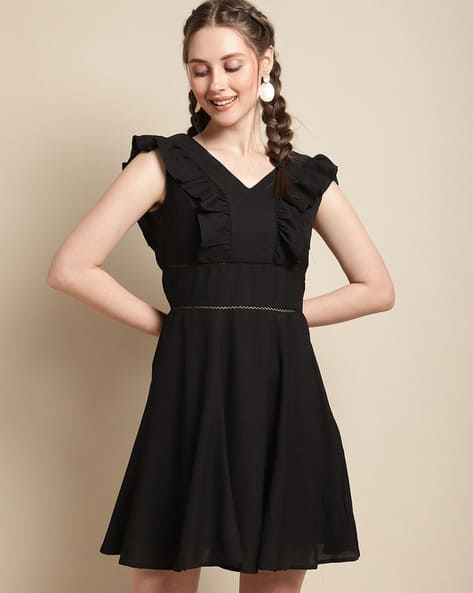 V-Neck A-Line Dress with Frilled Detail