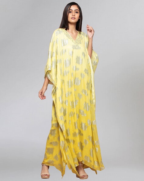 Yellow front tie up kaftan by Threeness | The Secret Label