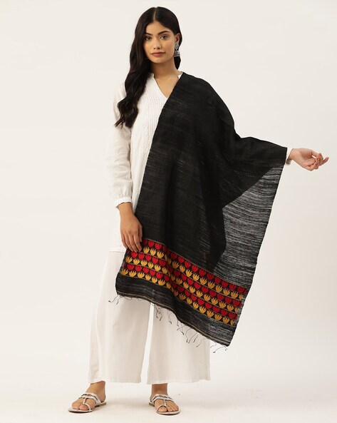 Women Floral Handloom Stole with Tassels Price in India