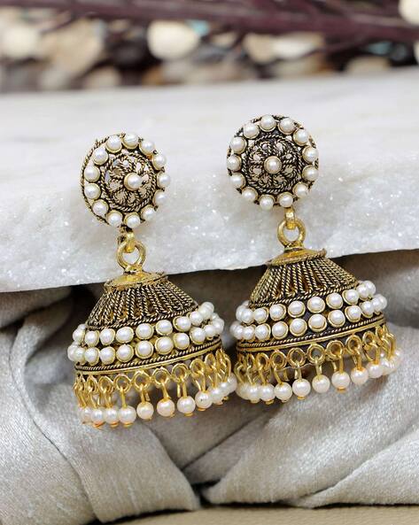 Traditional gold plated wedding Jhumkas Jhumki Ghungroo Statement Earrings  Jewelry for Women stone jhumki (White) color for women