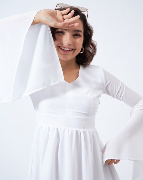 Buy PLEATED WHITE BALLOON SLEEVE SKATER DRESS for Women Online in India