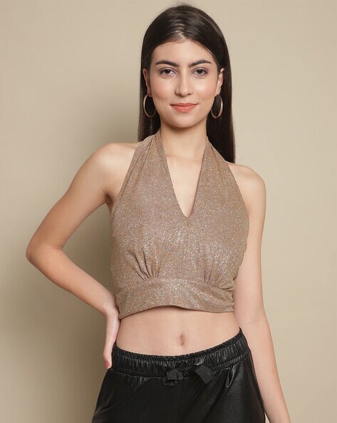 Buy Deep V-neck Brown Lace Crop Top for Women Online in India
