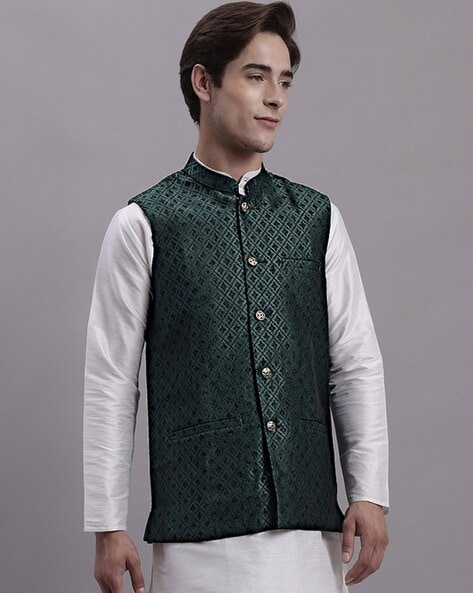 Sojanya (Since 1958) Men's Silk Blend Gold Kurta Pyjama & Dark Green  Nehrujacket Combo