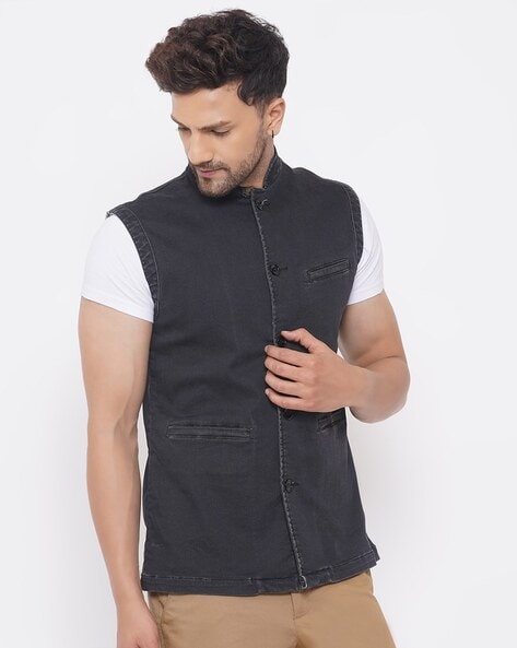 Woven Polyester Nehru Jacket in Black : MZJ10