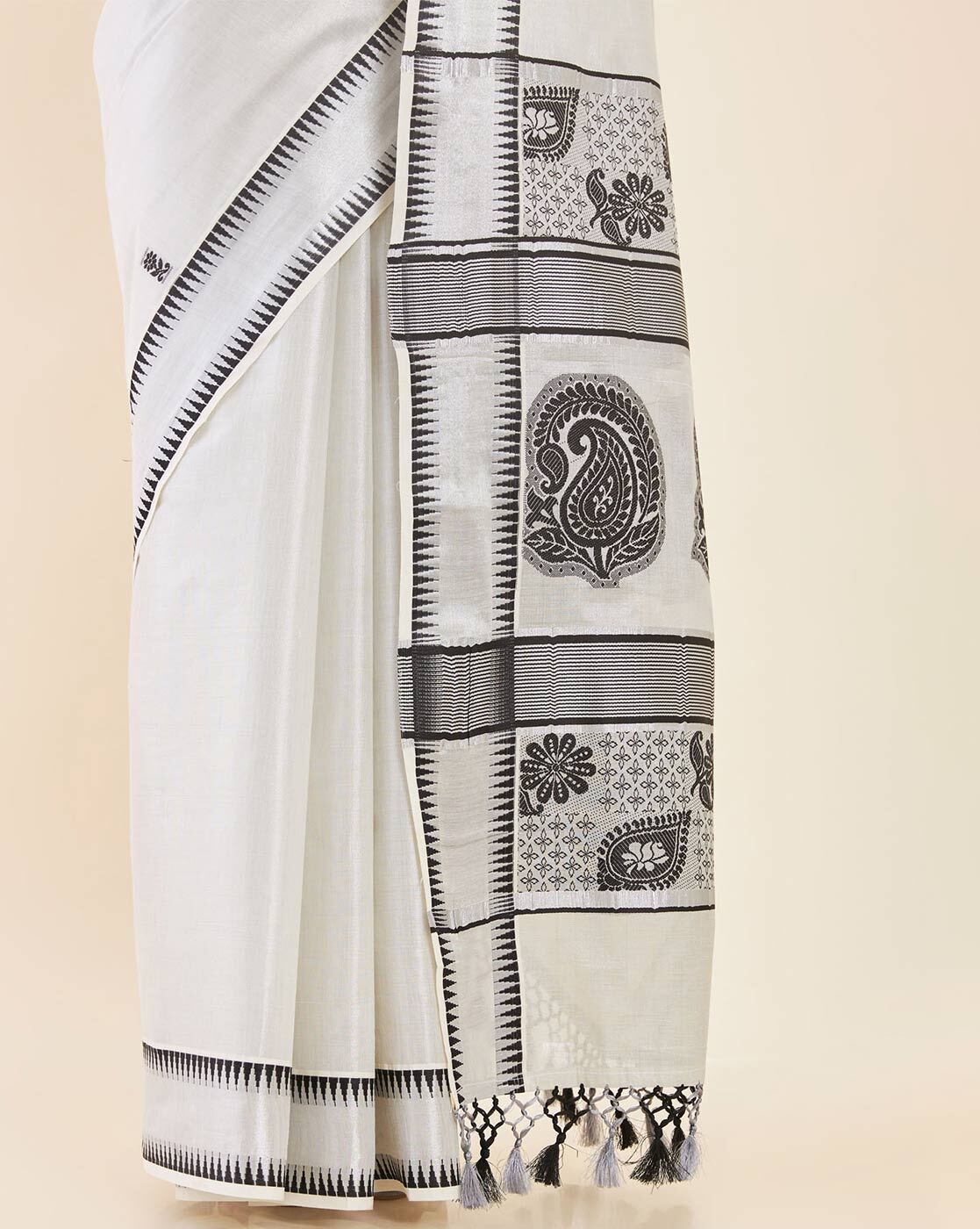 Pure Cotton Set Saree with Traditional Silver and Coffee Brown lines border