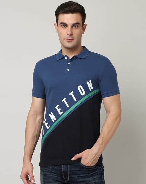 UNITED COLORS OF BENETTON Colorblock Polo T-Shirt with Typography