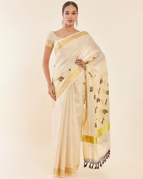 LOOMS Tissue Golden Kasavu Saree with Krishna Mural Print