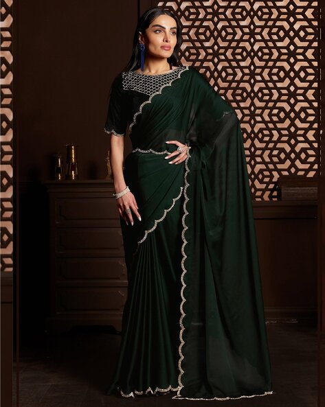 Bottle Green & Pista Green Sequence Embroidered Chiffon Half & Half Saree