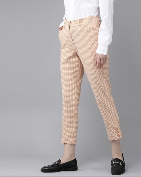 Beige Checkered Creased Trousers, High Rise Check Print Pants in Size  Medium - Etsy