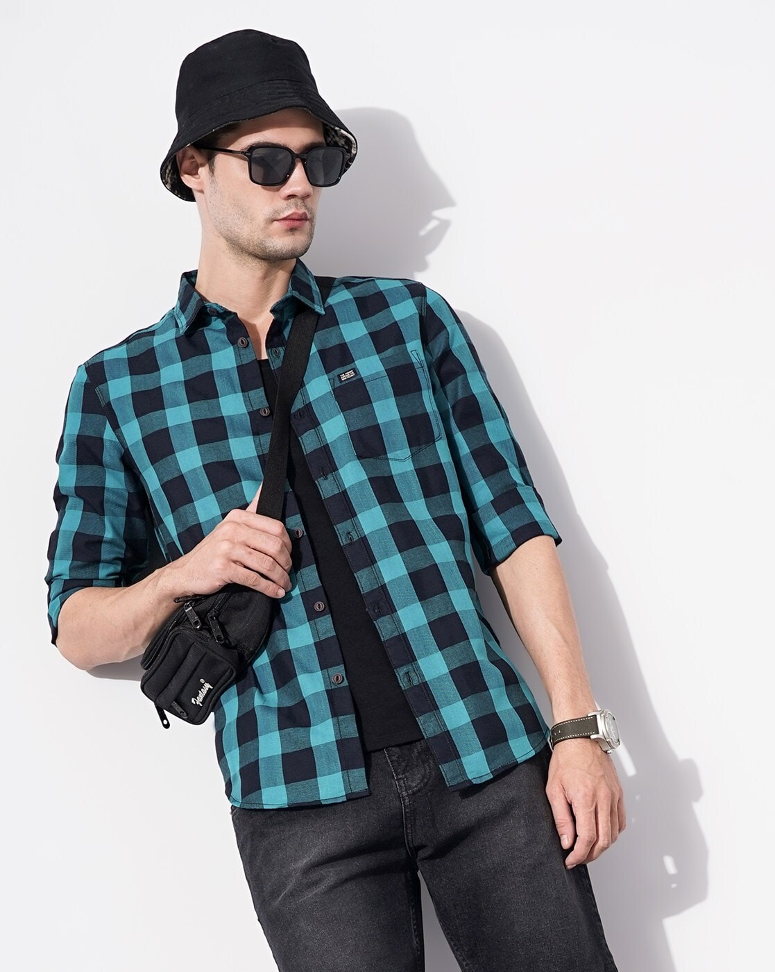 blue and black check shirt