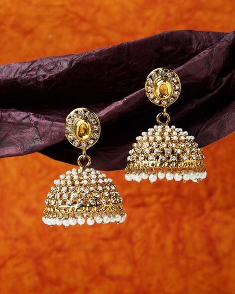 One Gram Gold Plated Gold Design White Stone Jhumka Earrings Buy Online -  YouTube