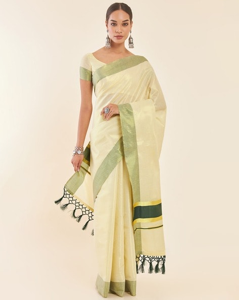 Gold Tissue Kasavu Saree With Embroidered Ethnic Motifs at Soch