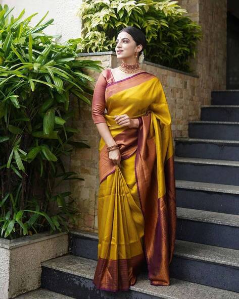 Yellow Colour Lovely Banarasi Soft Silk Kanjivaram Saree at Rs.549/Piece in  surat offer by Esomic Export