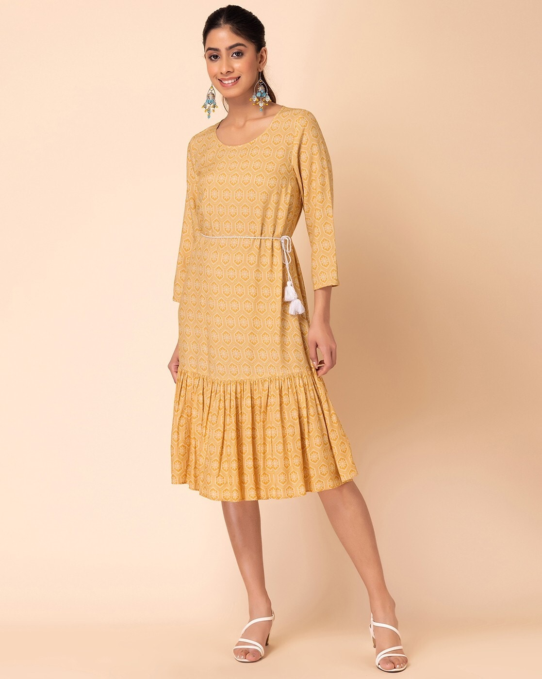 Buy Indya Yellow Floral Print Rayon Tiered Dress With Belt (Set of 2) online