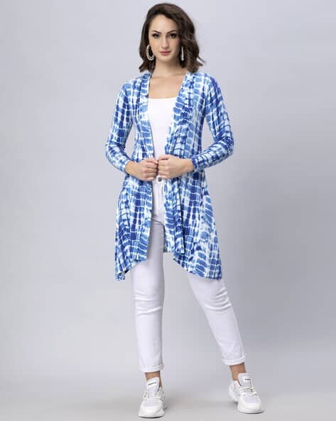 Ladies Shrug Blue And White Shrug Tie Dye Print Open-Front Long Shrug