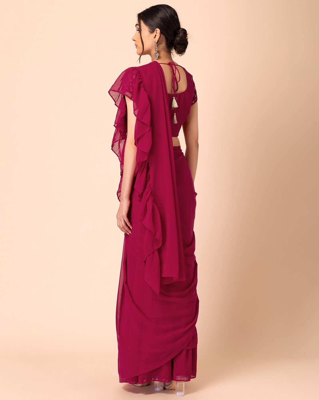 Onion Pink Ruffle Saree with Stitched Blouse Set of 2 - 2XL | Saree  designs, Drape saree, Blouses for women