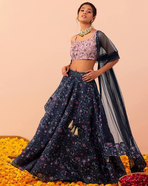 Powder pink lehenga in jacquard silk with berry blue blouse adorn in cut  dana only on