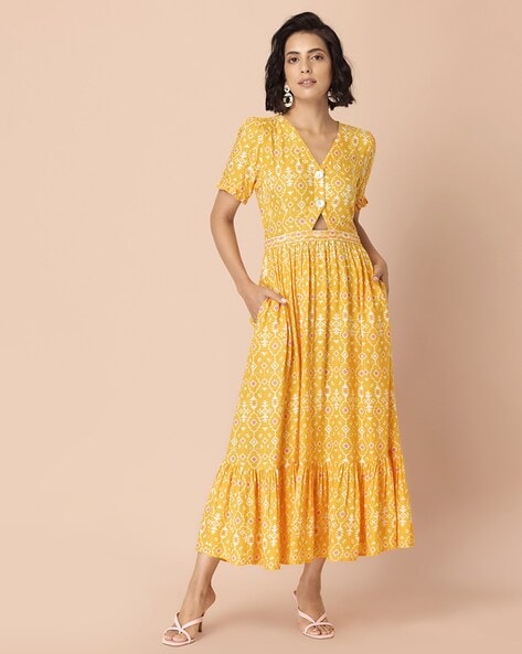 Buy Payal Singhal For Indya Yellow Foil Ruffled Sharara Pants -  Feed-Bottoms - Indya