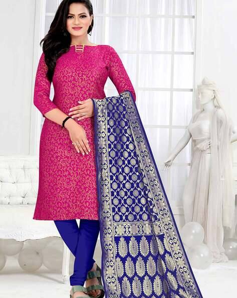 rani pink dress material Rani Pink Dola Silk Gold Zariwork Unstitched Dress Material With Matching Bottom And Dupatta