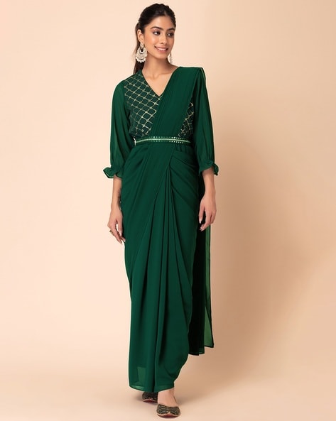 Buy Incredible Sage Green Solid Saree with Embellished Belt Online -  .