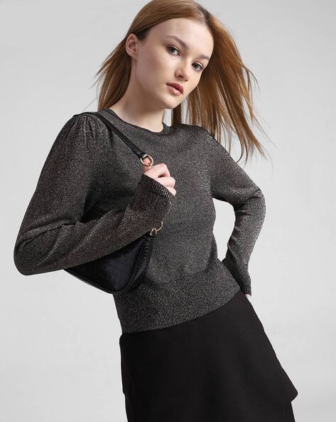 Women's Black Embellished Crew-neck Sweater, Black and White Plaid