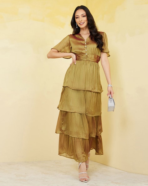 Lurex Striped Button Detail Layered Maxi Dress