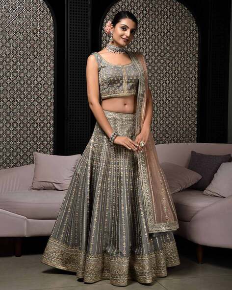 Graceful Grey Color Net Wedding Wear Chine Stitched Work Lehenga Choli –  Ville Fashions