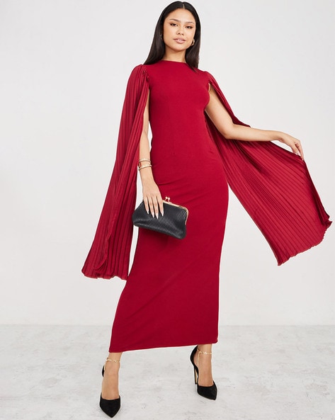 Pleated Cape Sleeve Bodycon Maxi Dress with Back Slit