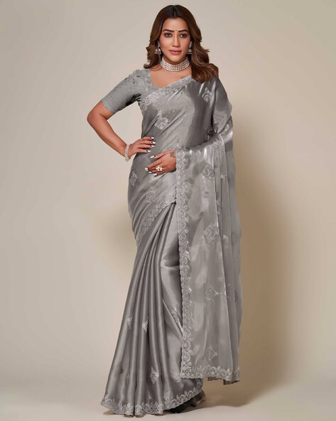 Grey and red | Saree blouse designs, Trendy sarees, Saree dress