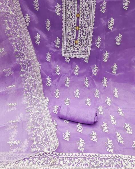 Women'S Light Purple Unstitched Heavy Thread Embrodiery With Embroidered  Dupatta Organja Dress Material (CP7018PURPLE)