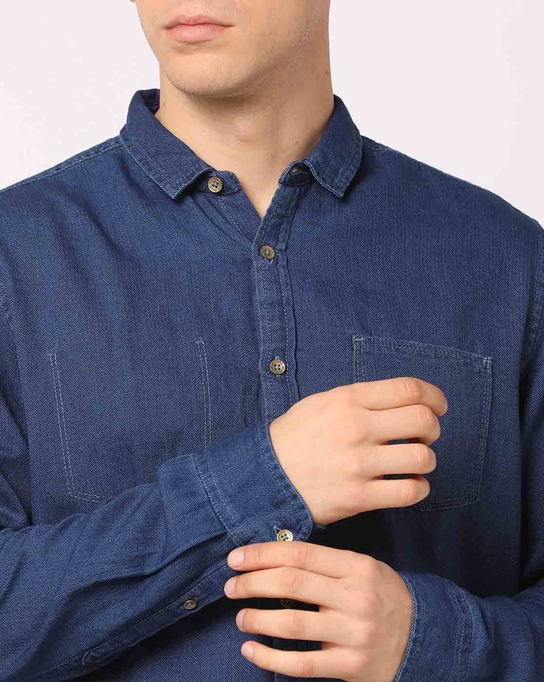 Buy CALVIN KLEIN JEANS Dusty Blue Mens Slim Collar Mild Wash Denim Shirt |  Shoppers Stop