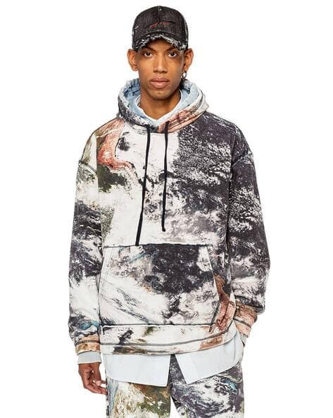 Buy DIESEL Printed Hoodie with Kangaroo Pockets | White Color Men