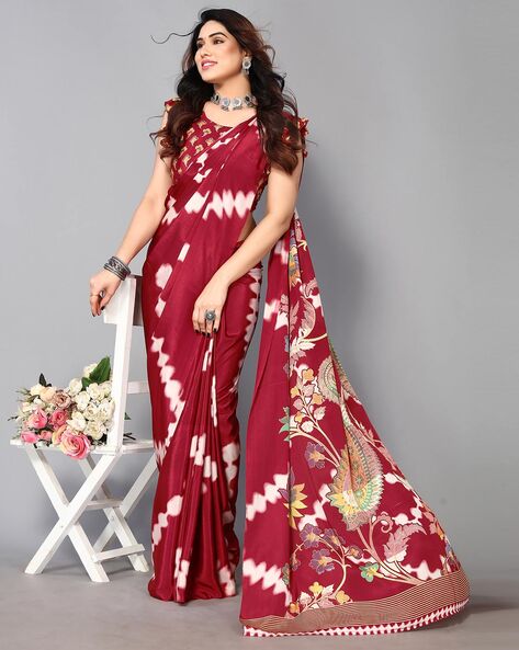 Satin crepe saree peach pink and red shade with tie & dye prints and s –  Prashanti Sarees