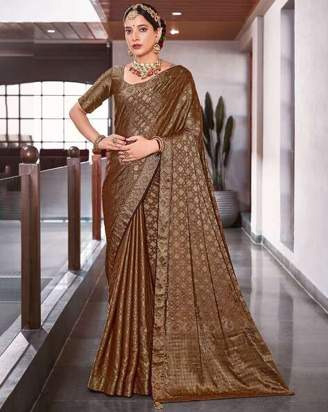 Weaving Work Art Silk Fabric Sangeet Wear Brown Color Designer Saree