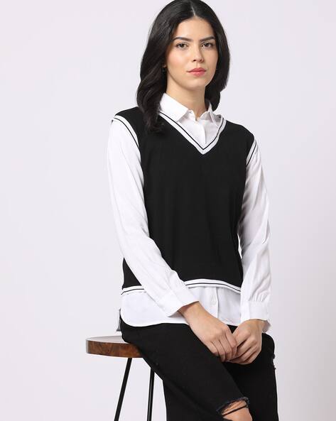 Rib Detailed Twofer with Shirt Collar
