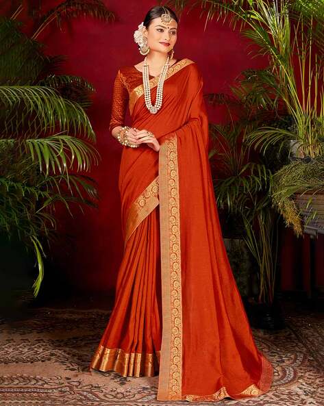 Orange Plain Linen Saree with contrast Green Blouse - Loomfolks