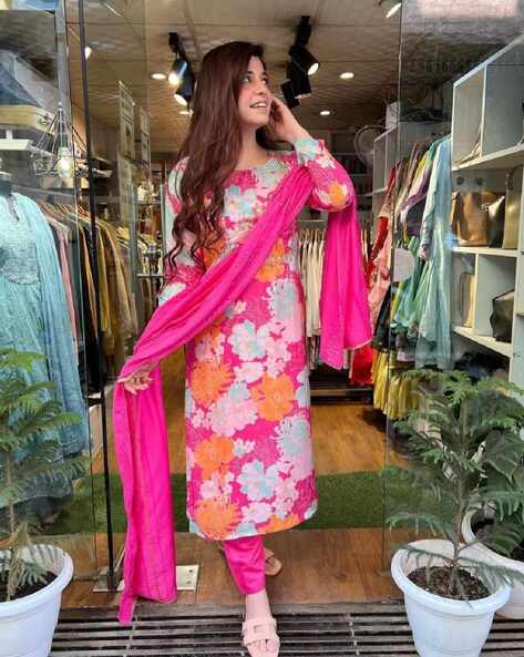 Floral Print Straight Kurta with Churidar Dupatta Price in India