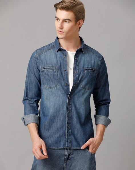 Buy BASICS SLIM FIT INSIGNIA BLUE DENIM SHIRT for Men Online - 17BSH36047