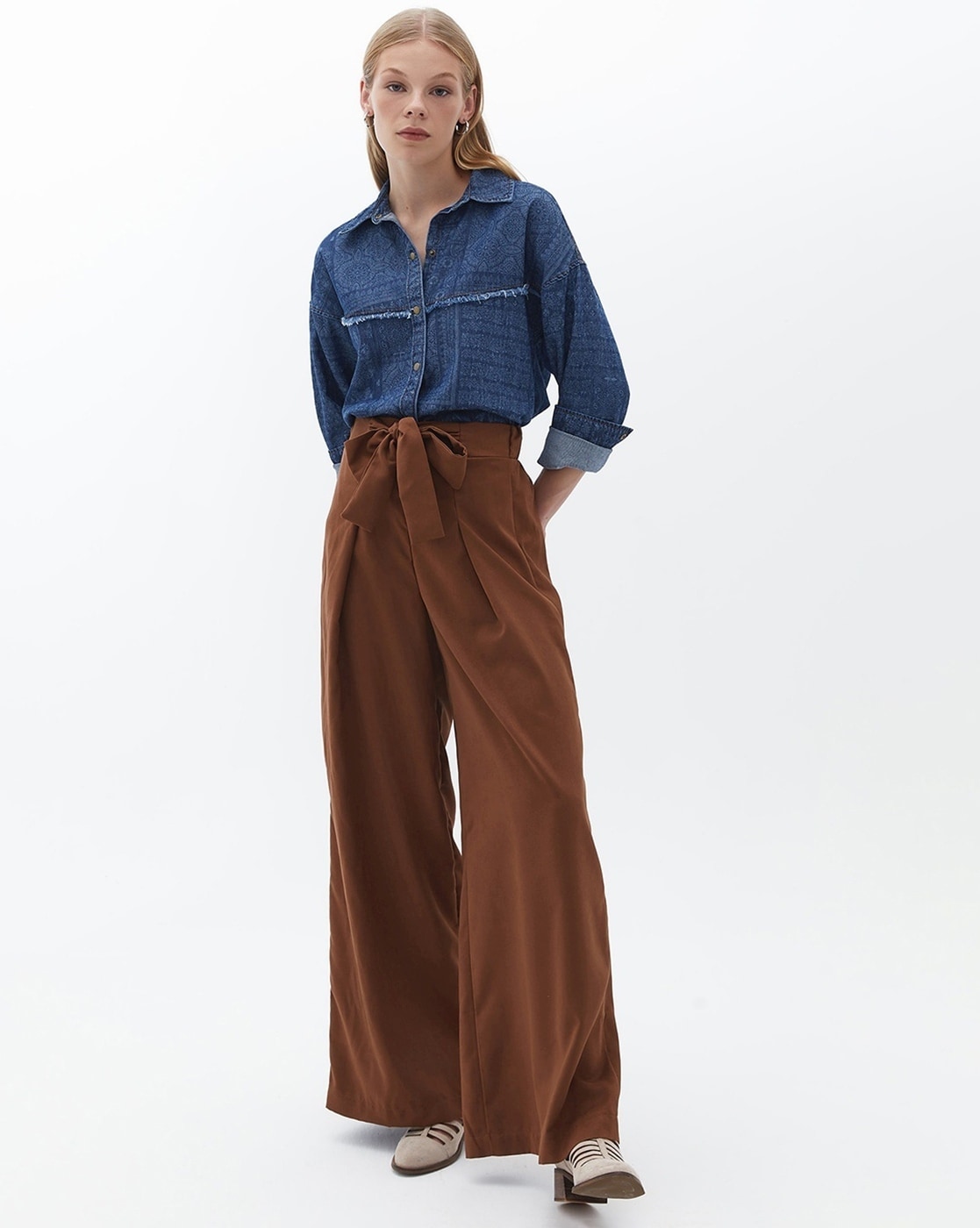 Buy Popwings Camel Brown Bootcut Women Trouser ! Camel Brown Button Styling  Formal Wide Leg Trousers for Women Online at Best Prices in India - JioMart.
