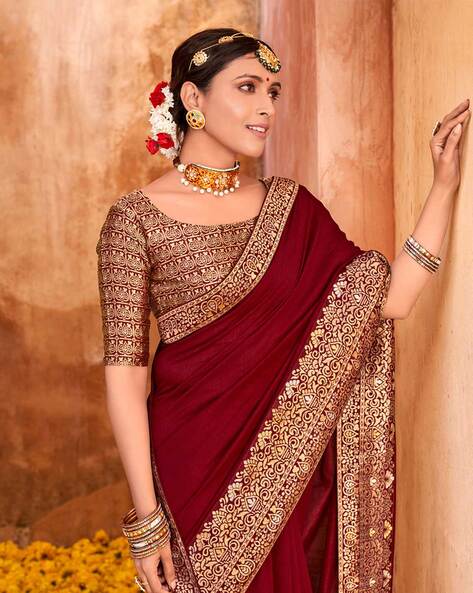 Maroon - Off White Organza Digital Print & Lace Border Saree – BEST SAREE