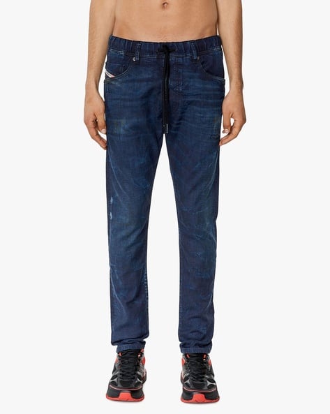 E-KROOLEY JOGG Blue Tapered Mid-Rise Coated Sweat Jeans