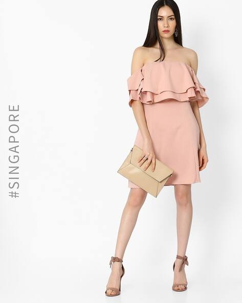 mds off shoulder dress Off-Shoulder Dress in Pink White Lace