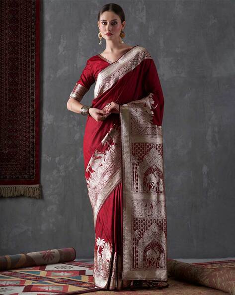 Lustrous Maroon Banarasi Linen Saree With Silver Zari Border - Etsy