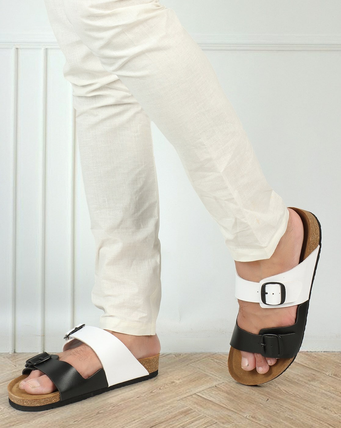 Leather Dual-Buckle Slide Sandals