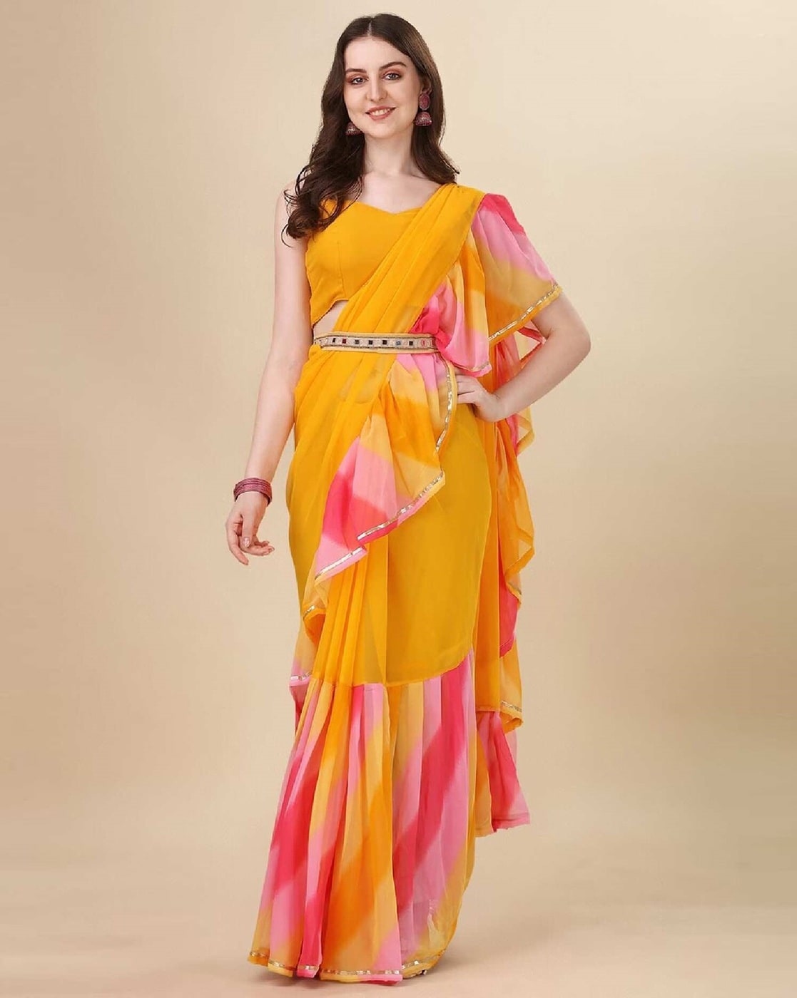 Buy Canary Yellow Traditional Georgette Saree With Orange Brocade Border  And Jaal Work KALKI Fashion India