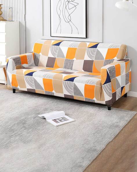 Grey Geometric Polyester 4 Seater Sofa Cover by HOKIPO