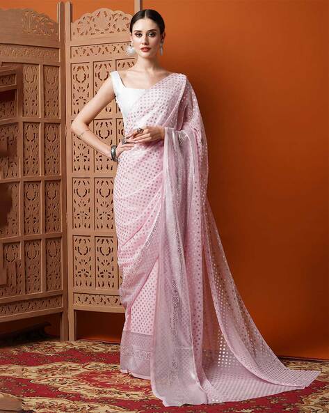 Buy Pink Chiffon Embellished Pearls V Neck Work Saree With Blouse For Women  by Shlok Design Online at Aza Fashions.